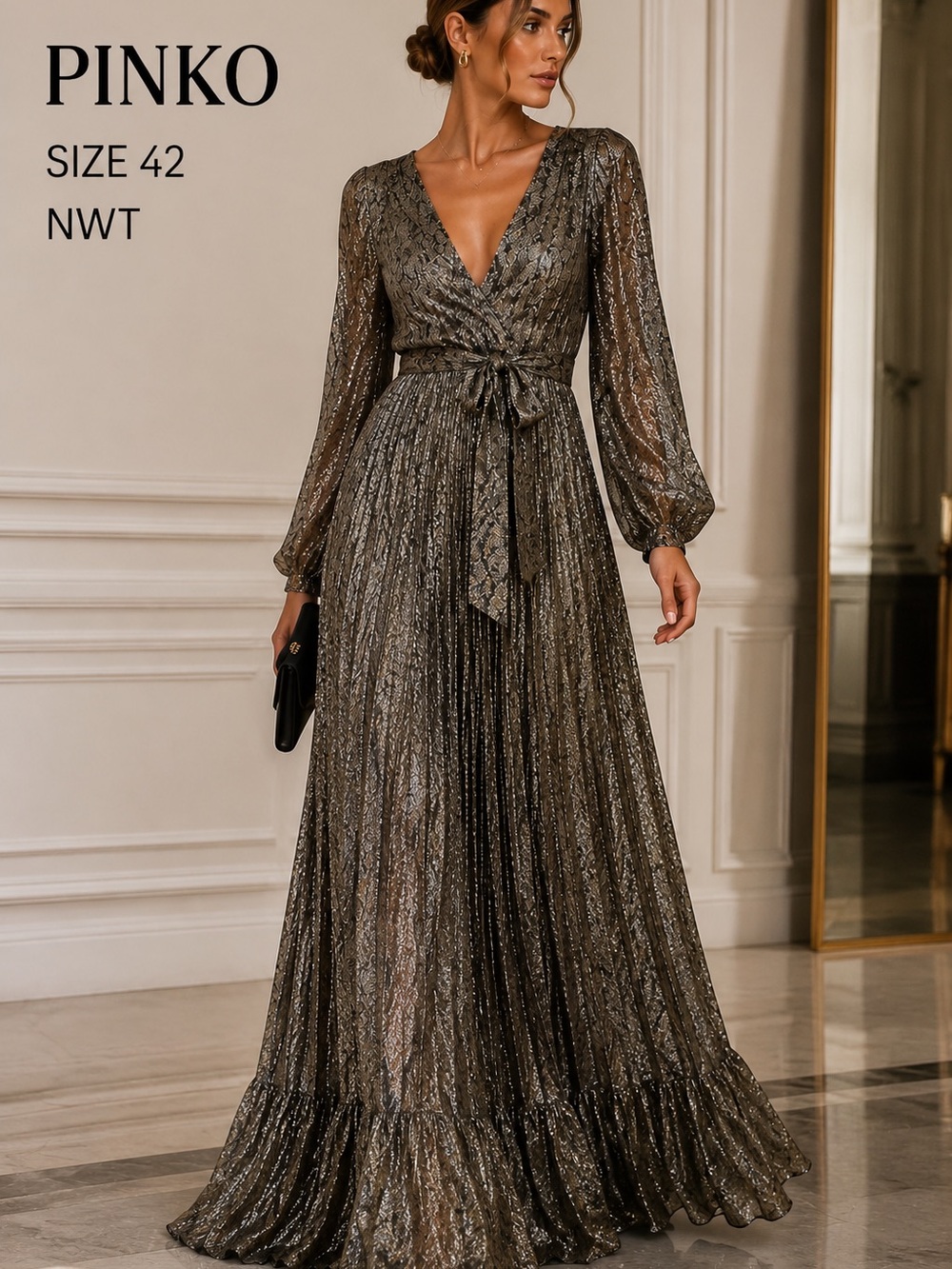 Pinko Metallic Bronze Pleated Wrap Maxi Dress